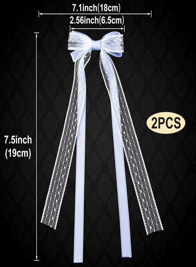 CustomyLife 2Pcs Blue Lace Hair Bows Cute Coquette Bow Clips Long Tail Ribbon Bowknot Barrettes for Women Christmas Valentines Wedding Prom Decorative Accessories - Image 2