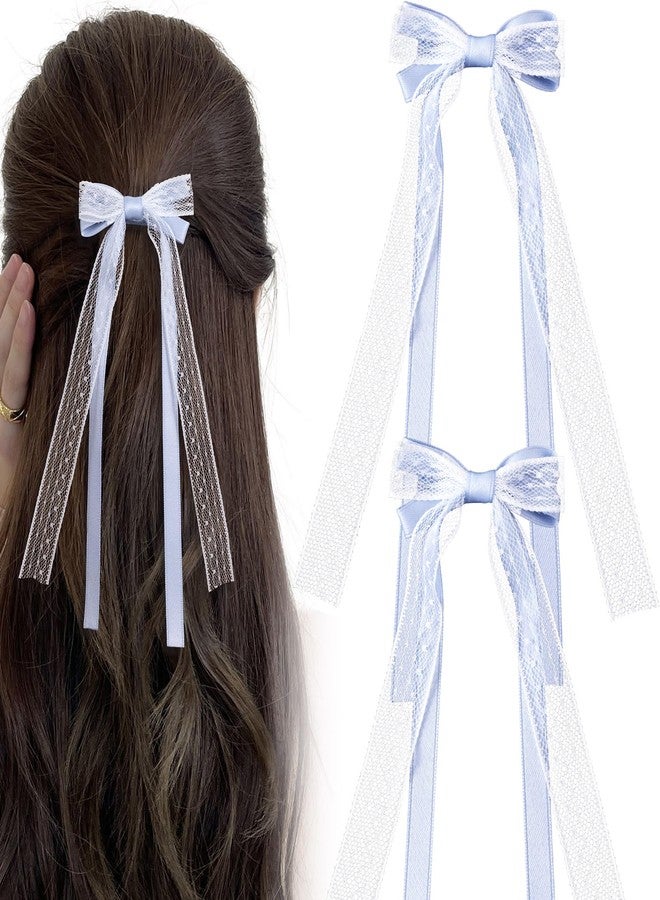 CustomyLife 2Pcs Blue Lace Hair Bows Cute Coquette Bow Clips Long Tail Ribbon Bowknot Barrettes for Women Christmas Valentines Wedding Prom Decorative Accessories - Image 1