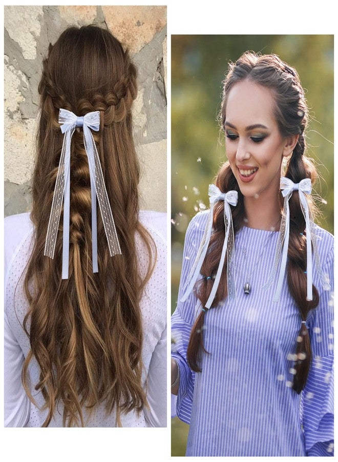 CustomyLife 2Pcs Blue Lace Hair Bows Cute Coquette Bow Clips Long Tail Ribbon Bowknot Barrettes for Women Christmas Valentines Wedding Prom Decorative Accessories - Image 5