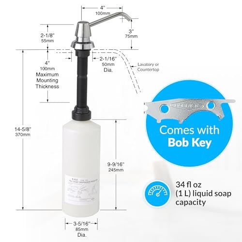 Bobrick B-822 Manual Top Fill Liquid Soap Dispenser 34 fl oz. (1L) Liquid Soap Capacity, 4- Inch Free-Turning Spout for Public Restroom Countertops, Chrome Finish - Image 3