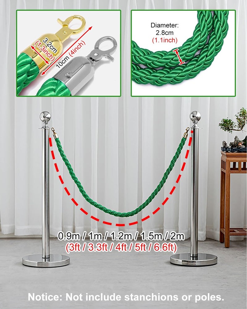 Stanchion Rope, Green Velvet Rope Braided, Stanchion Rope, VIP Hanging Ropes with Polished Hooks, Crowd Control Barrier Rope, Twisted Hemp Rope for Party (Color : Green-Gold Hook, Size : 1.5m/5ft) - Image 2