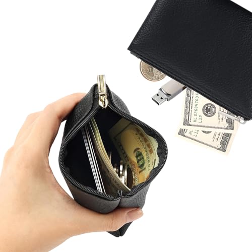 PENGJINYU 2 Pack Leather Zipper Coin Purse, Portable PU Leather Coin Purse,Mini Coin Pocket Pouch Change Holder, Coin Pouch with Zipper for Men Women Headset Credit Card ID Key Lipstick (Black&Pink) - Image 4