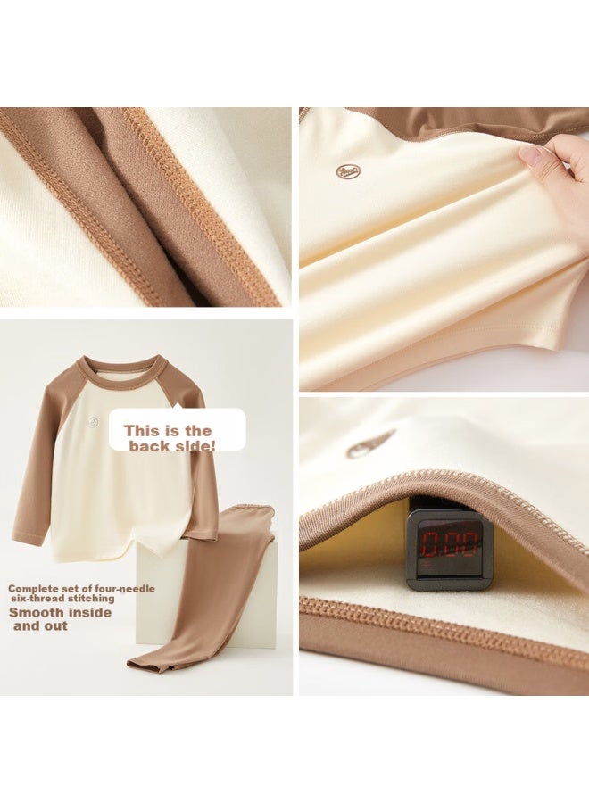 Shanbaomay Autumn Winter Kids Thermal Underwear Set Thickened Warm Leather Boys Girls Homewear Coffee Brown Colorblock 140cm - Image 3