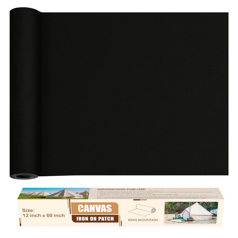 KING MOUNTAIN Canvas Iron on Patch,12"Ã—60",Waterproof 100% Cotton Fabric Repair Patch,Used for Various Sofa,Tent,Clothes,Seats,Suitcases (Black,Waterproof) - Image 1