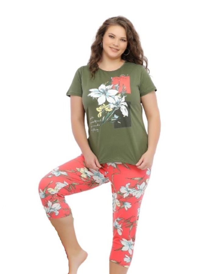 جنة بيجامة نسائية بأكمام قصيره وبنطلون برمودا صيفيه مصنوعه من القطن مقاسات كبيره