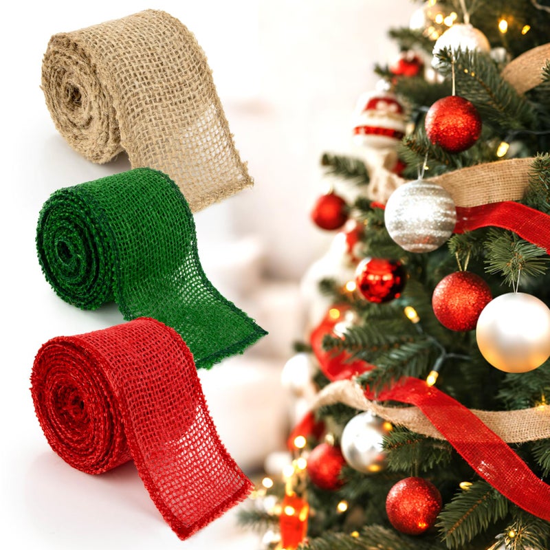 RAINFLOW Christmas Burlap Ribbon for Gift Wrapping 3 Rolls Natural Burlap Fabric Thick Jute Wired Ribbon for Crafts Flower Bouquet Gift Wrapping Christmas Tree Decorations Wide 2 inch 9 Yard - Image 3