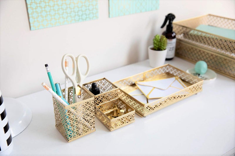 BLU MONACO Gold Desk Organizer Set for Women – 6-Piece Interlocking Office Supplies Set, Pen Cup, 3 Accessory Trays & 2 Letter Trays, Gold Paper Tray Holder - Image 5