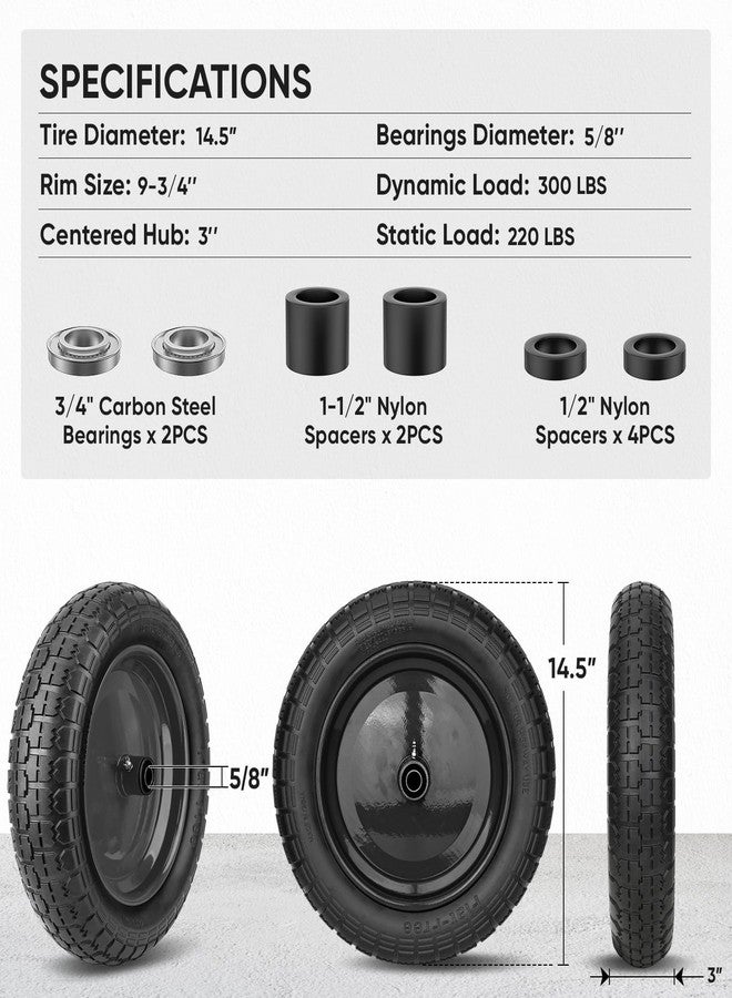 TICONN 4.80/4.00-8 Tire, 14.5" Flat Free Wheelbarrow Tire and Wheel, Solid Replacement Tires with 3" Centered Hub, 5/8" 3/4" Bearings, Universal Fit 4.80/4.00-8, 3.50/3.00-8, 4.00-6 (Black) - Image 4
