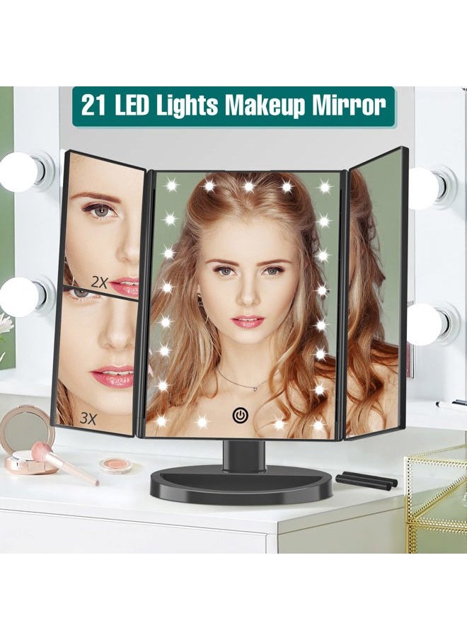 FASCINATE Lighted Makeup Mirror, 21 Bright LED Lights, 3x/2x/1x Magnifying Trifold LED Vanity Mirror, Touch Control Dimmable Brightness,180 ° Rotaion  - Image 2