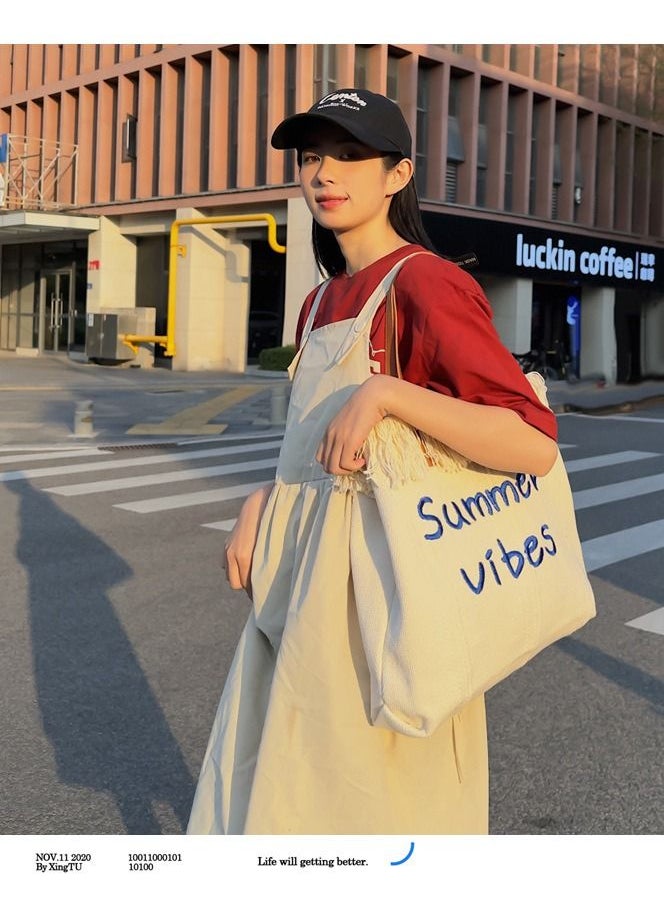 NIBEMINENT - Large Capacity Tote Bag Tassel Pink Canvas Bag Women's Handbag One Shoulder Commuter Bag - Image 1