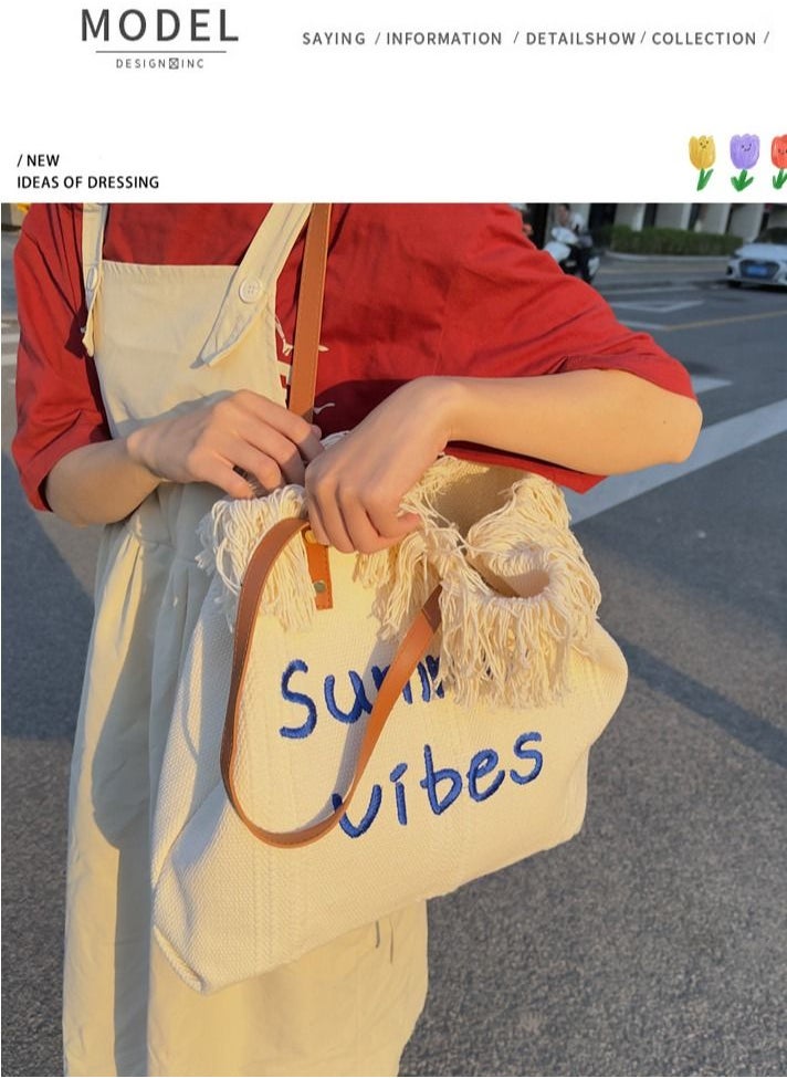 NIBEMINENT - Large Capacity Tote Bag Tassel Pink Canvas Bag Women's Handbag One Shoulder Commuter Bag - Image 1