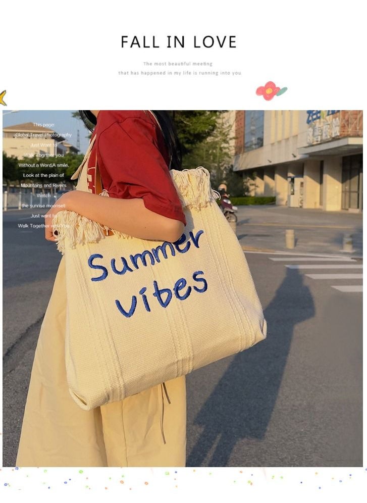 NIBEMINENT - Large Capacity Tote Bag Tassel Pink Canvas Bag Women's Handbag One Shoulder Commuter Bag - Image 1