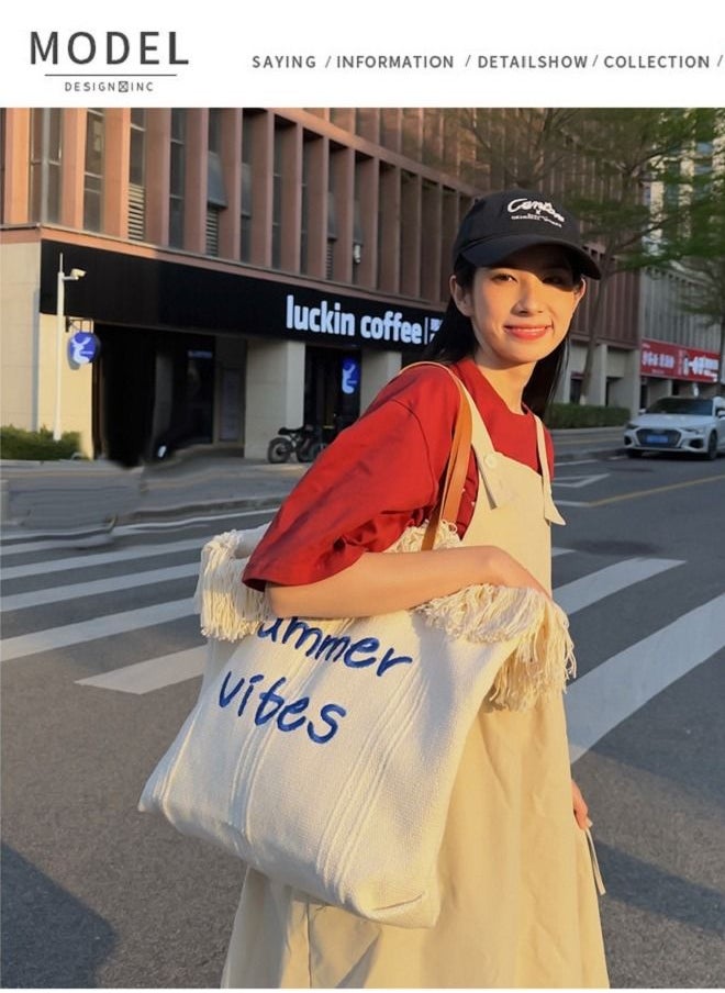 NIBEMINENT - Large Capacity Tote Bag Tassel Pink Canvas Bag Women's Handbag One Shoulder Commuter Bag - Image 1
