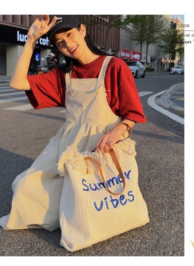 NIBEMINENT - Large Capacity Tote Bag Tassel Pink Canvas Bag Women's Handbag One Shoulder Commuter Bag - Image 1