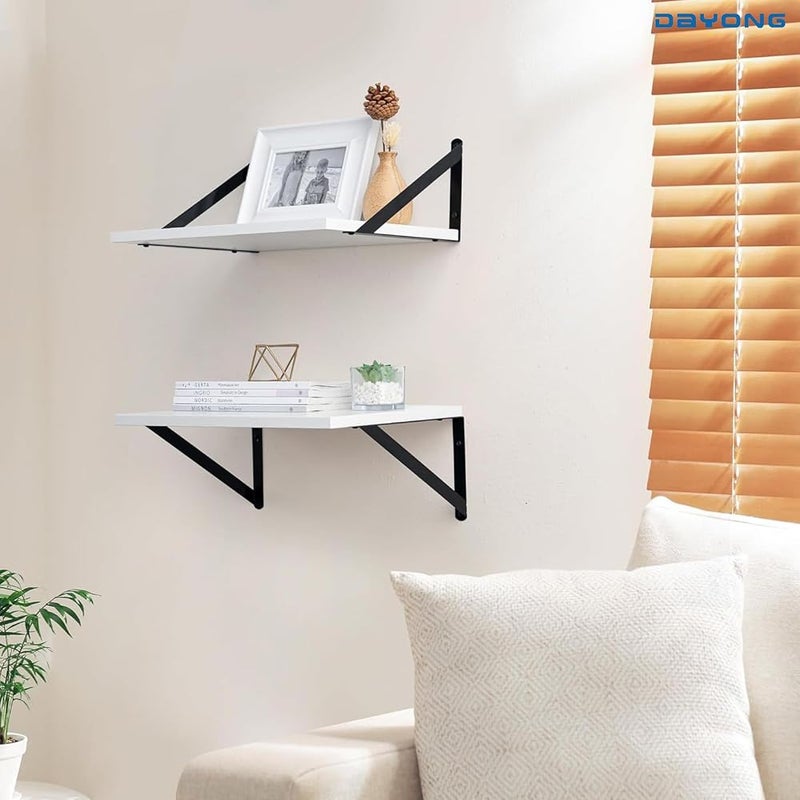DAYONG Deep Wall Mounted Floating Shelf, 16W x 12D Rustic Wood Floating Shelves with Metal Brackets, Set of 2 Hanging Shelf for Kitchen, Living Room, Bathroom and Bedroom Decor (White) - Image 2