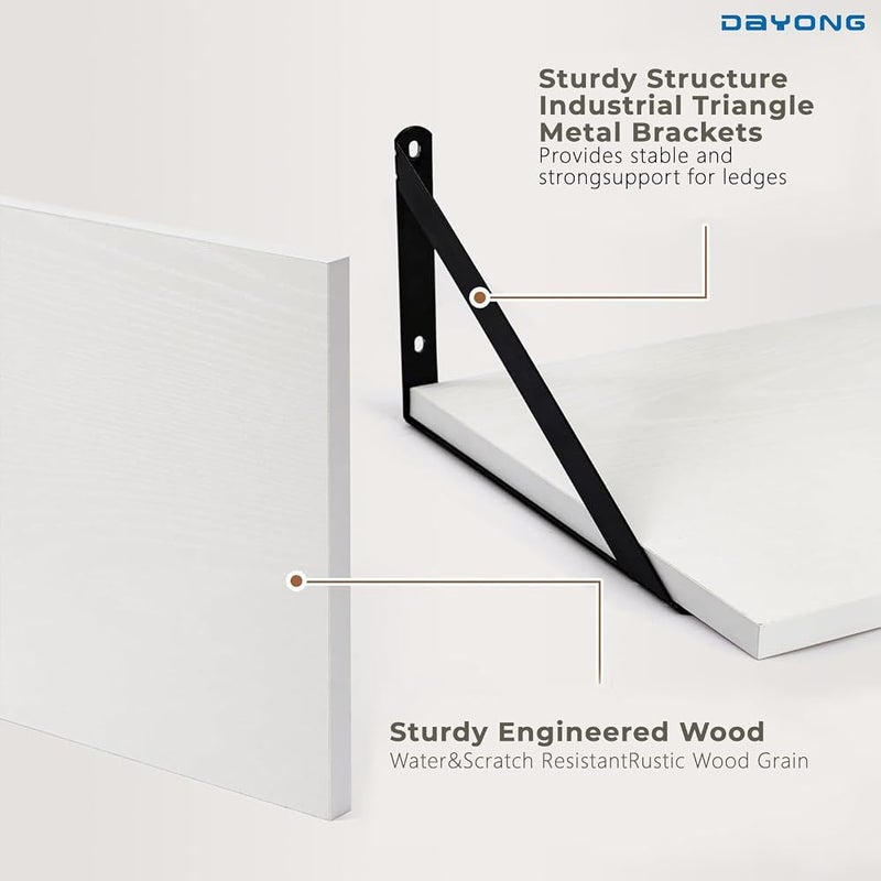 DAYONG Deep Wall Mounted Floating Shelf, 16W x 12D Rustic Wood Floating Shelves with Metal Brackets, Set of 2 Hanging Shelf for Kitchen, Living Room, Bathroom and Bedroom Decor (White) - Image 4