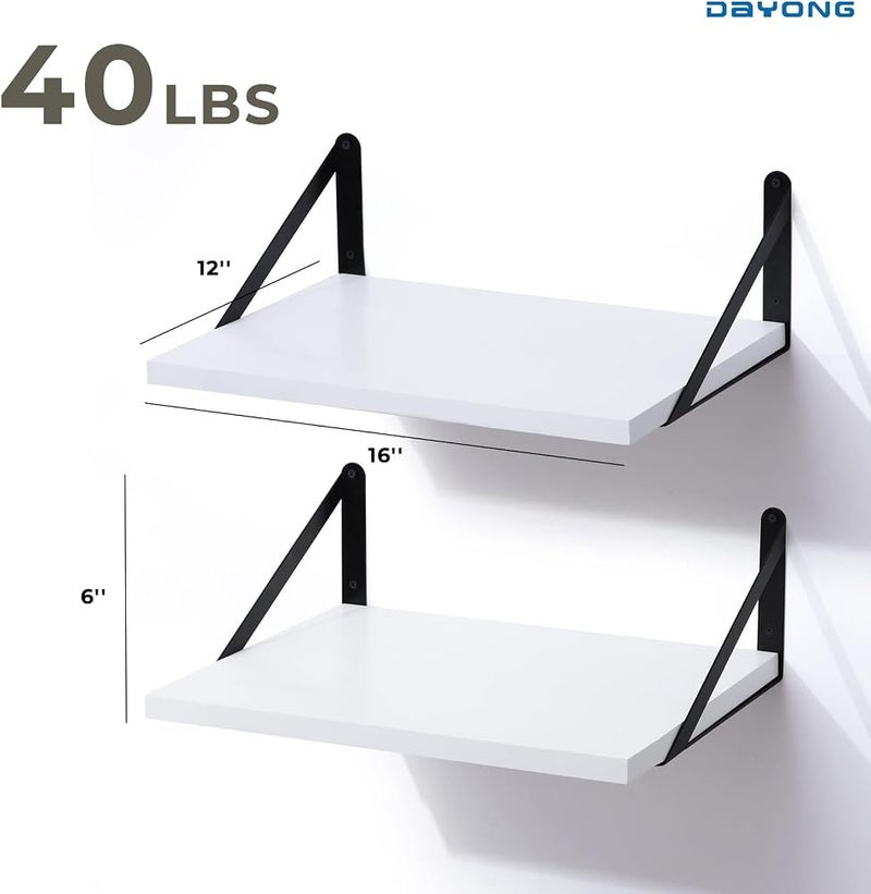 DAYONG Deep Wall Mounted Floating Shelf, 16W x 12D Rustic Wood Floating Shelves with Metal Brackets, Set of 2 Hanging Shelf for Kitchen, Living Room, Bathroom and Bedroom Decor (White) - Image 3