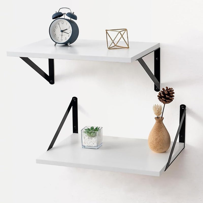 DAYONG Deep Wall Mounted Floating Shelf, 16W x 12D Rustic Wood Floating Shelves with Metal Brackets, Set of 2 Hanging Shelf for Kitchen, Living Room, Bathroom and Bedroom Decor (White) - Image 1