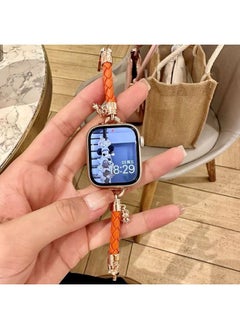 Homemade Leather Diamond Plaid Strap Suitable For Applewatch9 For Apple Iwatch876SE Thin Woven Leather Rope-颜色:【仅带子】橙色-尺寸只适用于For Apple Watch