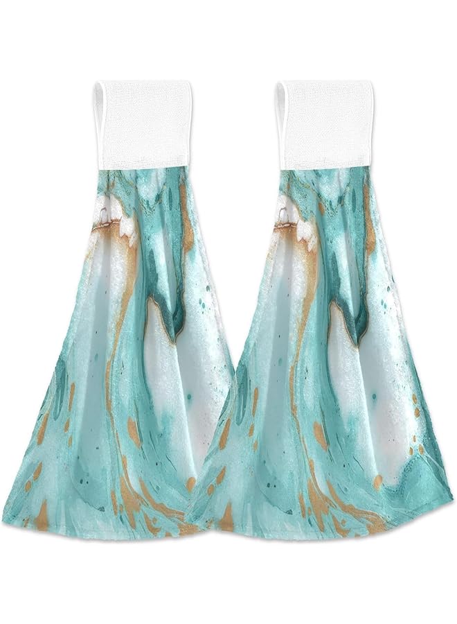 The Bros Set of 2 Turquoise Marble Texture Hanging Tie Towels, Absorbent Soft Coral Velvet Kitchen Hand Towels, Dish Wipe Cloth for Kitchen and Bathroom - Image 1