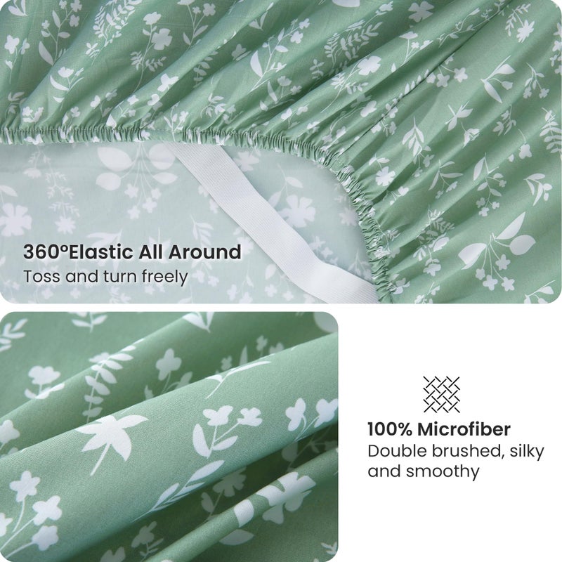 Viviland Sage Green King Sheet Set - 4 Piece Vintage Green Flower Patterned Bed Sheets - Soft, Breathable Microfiber Floral Sheets with Deep Pocket, Non-Slip Fitted Sheets & Pillowcases - Image 4