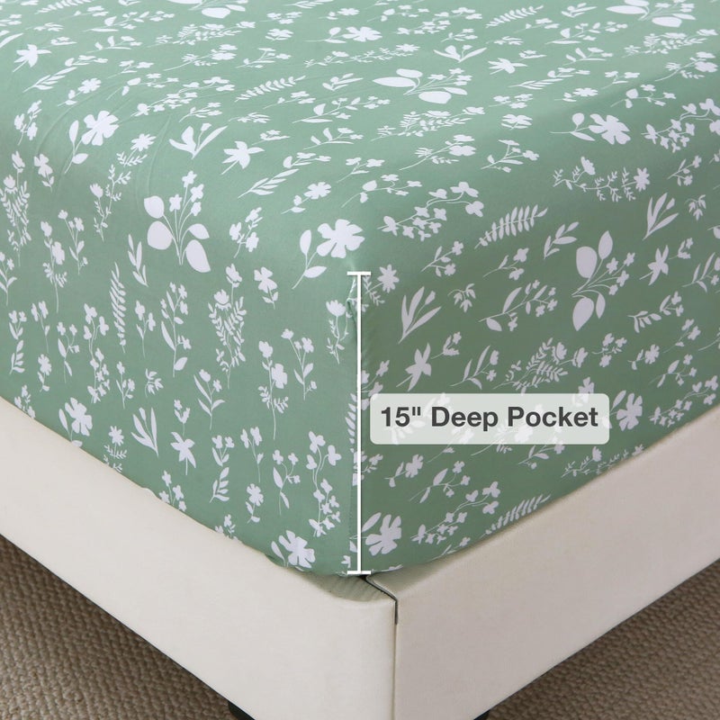 Viviland Sage Green King Sheet Set - 4 Piece Vintage Green Flower Patterned Bed Sheets - Soft, Breathable Microfiber Floral Sheets with Deep Pocket, Non-Slip Fitted Sheets & Pillowcases - Image 3