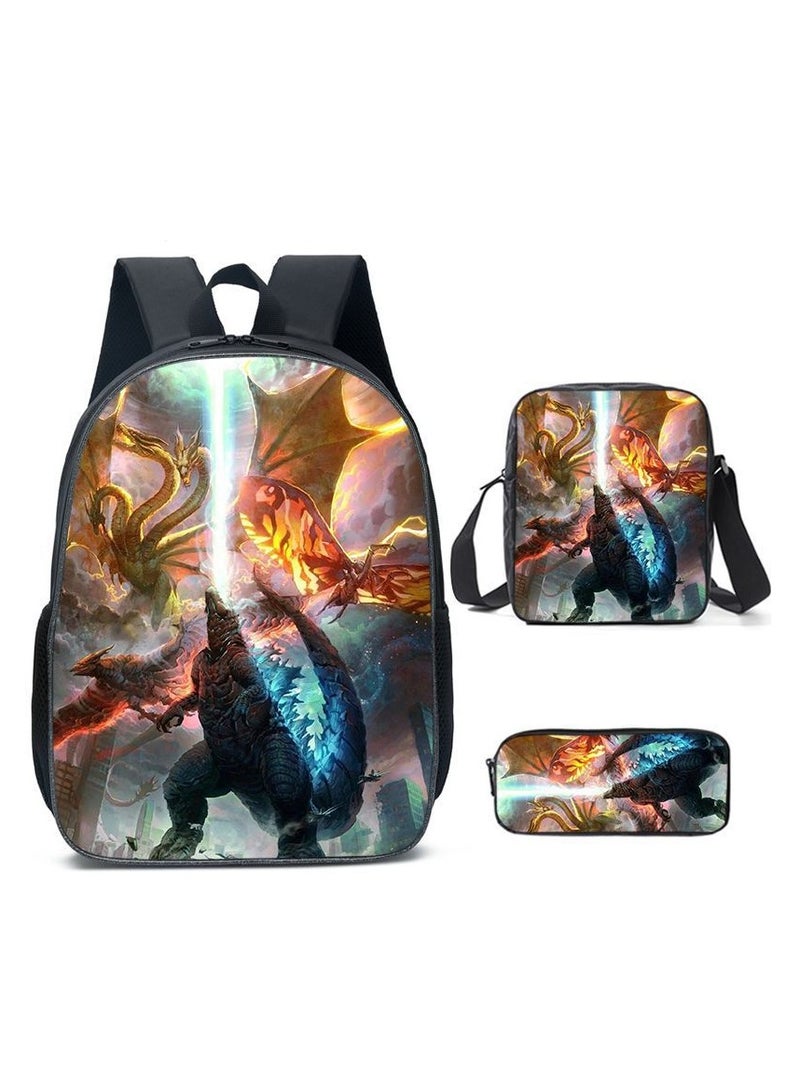 جودزيلا حقيبة ظهر مطبوعة ذات سعة كبيرة لتقليل الحمل الترفيهي للأطفال لطلاب المدارس الابتدائية، مجموعة من 3 قطع - Image 1