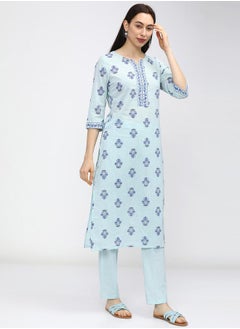 Vishudh Women Blue Printed Cotton Kurta Set  - Image 5