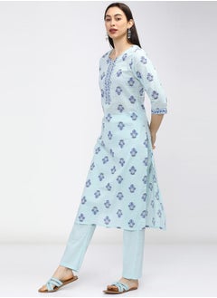Vishudh Women Blue Printed Cotton Kurta Set  - Image 2