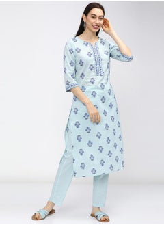 Vishudh Women Blue Printed Cotton Kurta Set  - Image 1