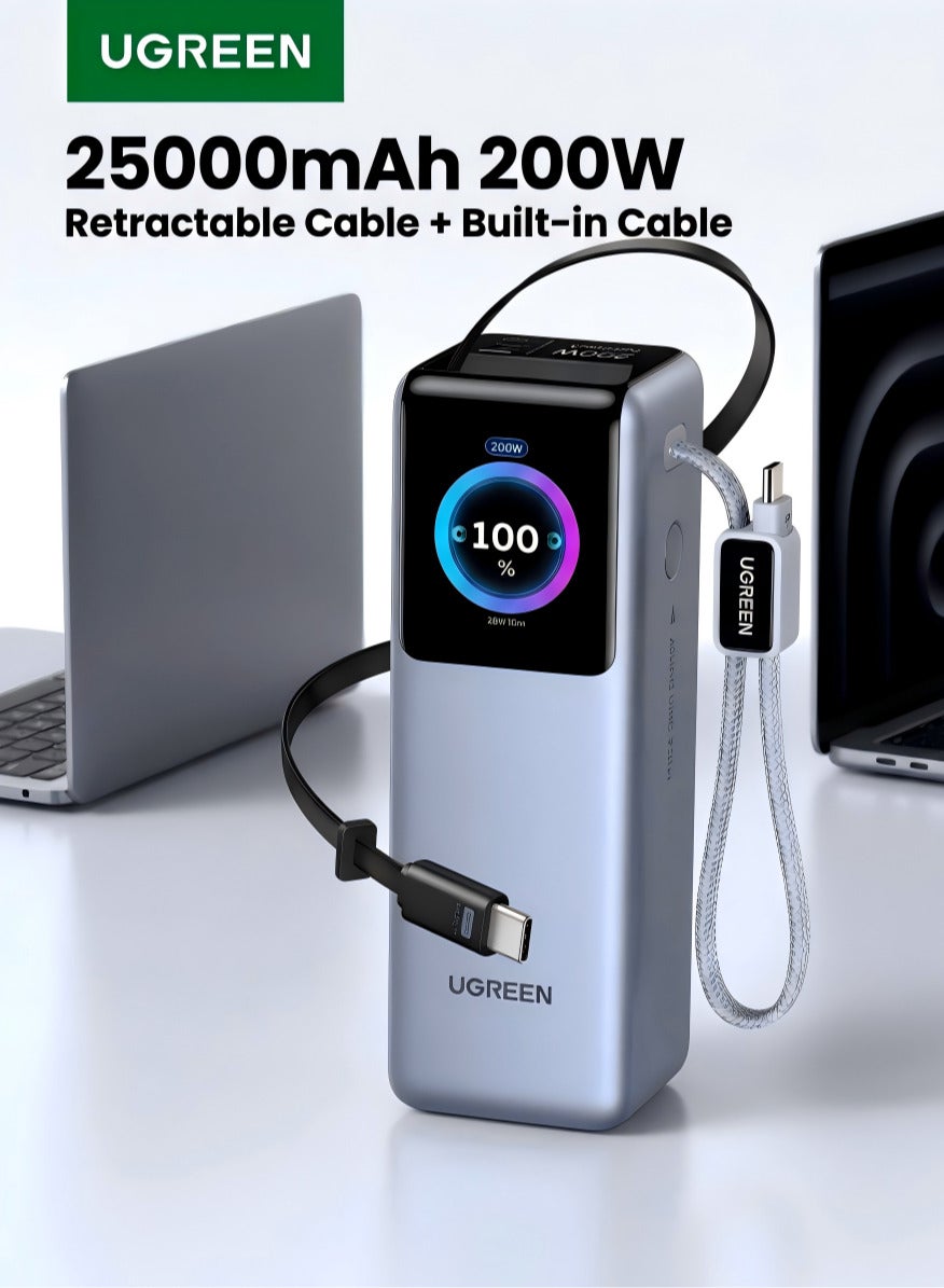 Power Bank 25000mAh, 200W Laptop Power Bank Fast Charging(3C1A), Portable Battery Pack with Built-in Retractable USB-C Cable & Digital Display, for MacBook iPhone Samsung, Nexode Pro New Series