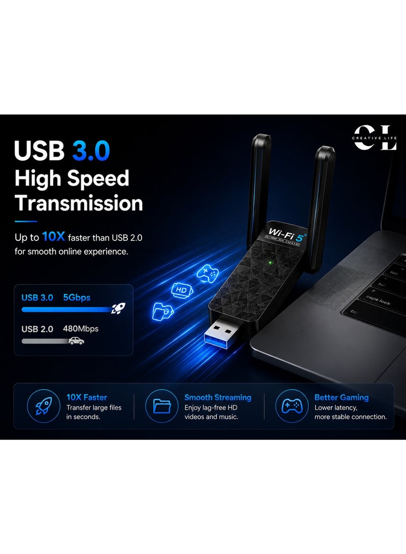 الحياة الإبداعية كرييتف لايف محول واي فاي 5 USB AC1300 ثنائي النطاق 2.4 جيجاهرتز 300 ميجابت/ث و5.8 جيجاهرتز 867 ميجابت/ث، USB 3.0، هوائي مزدوج 3dBi، RTL8812BU، لويندوز وماك، - Image 5