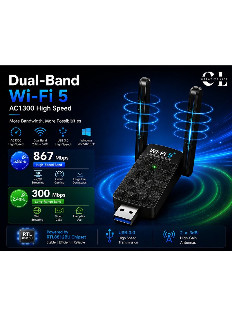 الحياة الإبداعية كرييتف لايف محول واي فاي 5 USB AC1300 ثنائي النطاق 2.4 جيجاهرتز 300 ميجابت/ث و5.8 جيجاهرتز 867 ميجابت/ث، USB 3.0، هوائي مزدوج 3dBi، RTL8812BU، لويندوز وماك، - Image 4