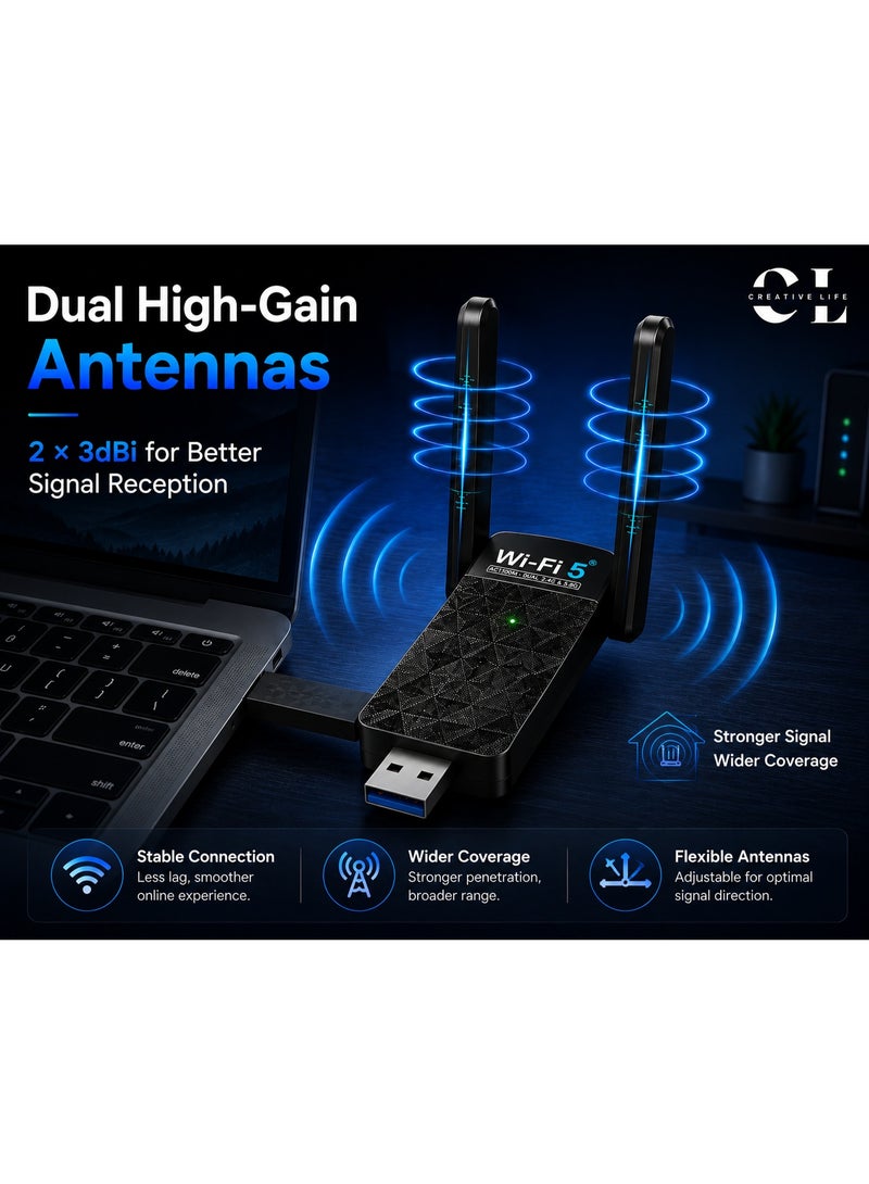 الحياة الإبداعية كرييتف لايف محول واي فاي 5 USB AC1300 ثنائي النطاق 2.4 جيجاهرتز 300 ميجابت/ث و5.8 جيجاهرتز 867 ميجابت/ث، USB 3.0، هوائي مزدوج 3dBi، RTL8812BU، لويندوز وماك، - Image 2