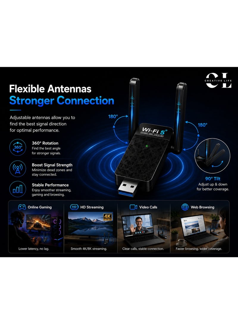 الحياة الإبداعية كرييتف لايف محول واي فاي 5 USB AC1300 ثنائي النطاق 2.4 جيجاهرتز 300 ميجابت/ث و5.8 جيجاهرتز 867 ميجابت/ث، USB 3.0، هوائي مزدوج 3dBi، RTL8812BU، لويندوز وماك، - Image 3