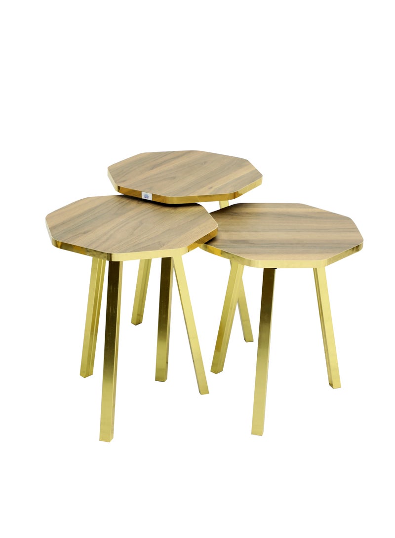 مالتي هوم فيرنيتشر طقم طاولات متداخلة من 3 قطع من Multi Home Furniture، سطح خشبي من خشب البلوط الداكن - طاولات قهوة وجانبية ثمانية الأضلاع موفرة للمساحة لغرفة المعيشة، طاولة بجانب السرير وطاولة جانبية - أرجل معدنية ذهبية، طاولات قابلة للتكديس للاستخدام الداخلي والخارجي، طاولة زاوية للقهوة. - Image 1