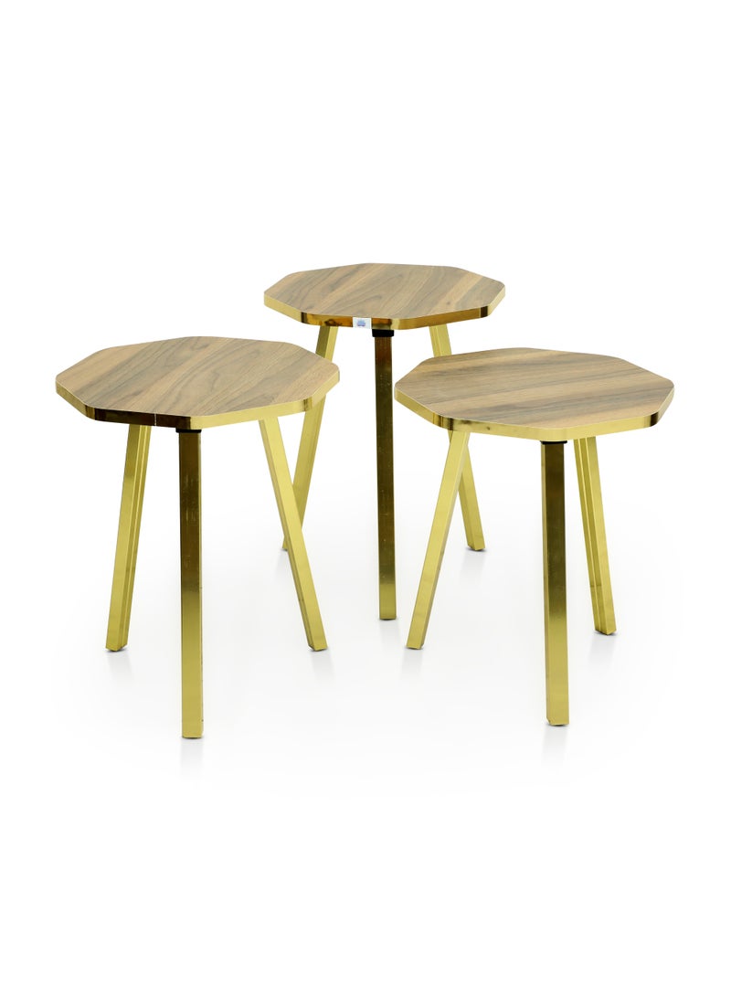 مالتي هوم فيرنيتشر طقم طاولات متداخلة من 3 قطع من Multi Home Furniture، سطح خشبي من خشب البلوط الداكن - طاولات قهوة وجانبية ثمانية الأضلاع موفرة للمساحة لغرفة المعيشة، طاولة بجانب السرير وطاولة جانبية - أرجل معدنية ذهبية، طاولات قابلة للتكديس للاستخدام الداخلي والخارجي، طاولة زاوية للقهوة. - Image 2