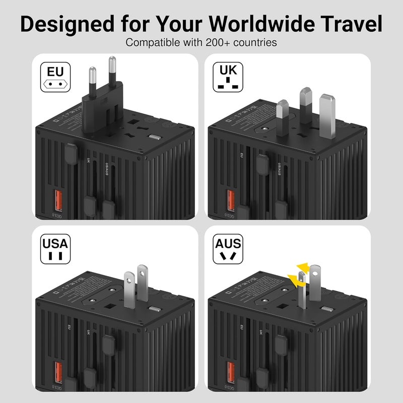 لوف نوف محول سفر عالمي 35 واط، محول قابس عالمي متعدد الاستخدامات مع 4 منافذ USB-C ومنفذ USB-A واحد، شحن سريع PD، يغطي أكثر من 200 دولة بما في ذلك المملكة المتحدة والاتحاد الأوروبي والولايات المتحدة وأستراليا (أسود - 35 واط) - Image 2