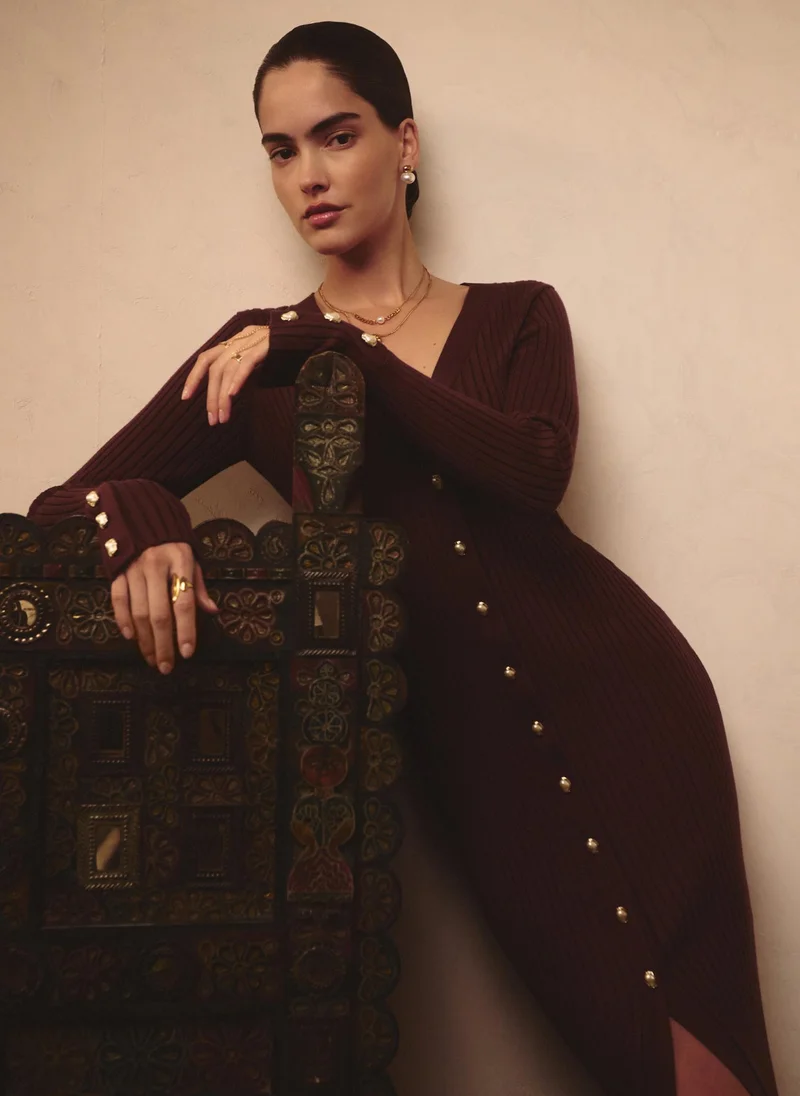 ليتشي فستان ميدي من الفيسكوز بأزرار ذهبية