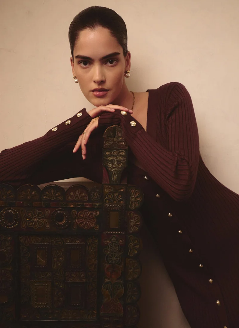 Lichi  Viscose midi dress with golden buttons for Women | Best Price UAE