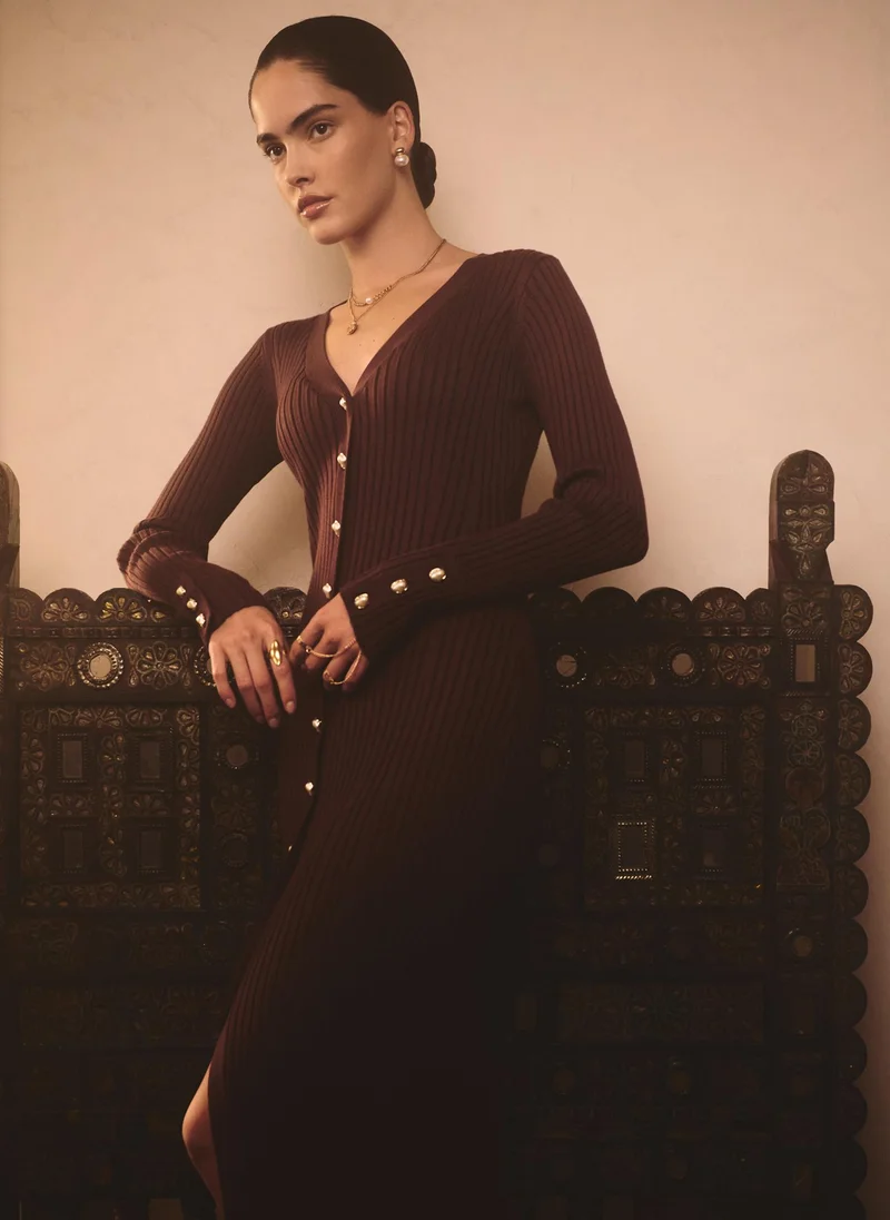 Lichi  Viscose midi dress with golden buttons for Women | Best Price UAE