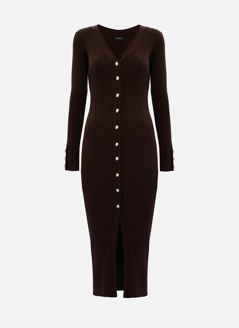 Lichi  Viscose midi dress with golden buttons for Women | Best Price UAE