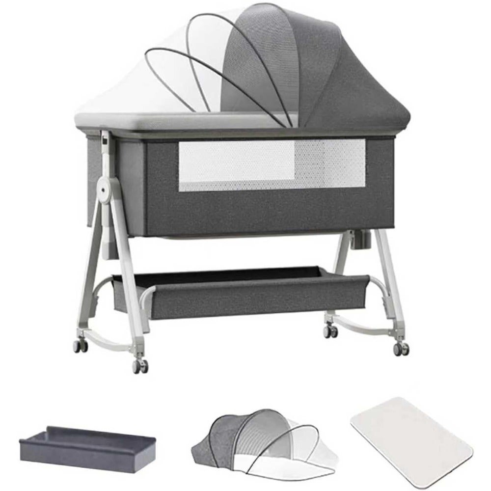 Baby Bedside Crib, Folding Newborn Bedside Sleeper, Baby Bassinet bed With Large Storage Basket, Side Mesh Portable Infant Travel Crib, Adjustable Height Soft Mattress with mosquito net grey-x
