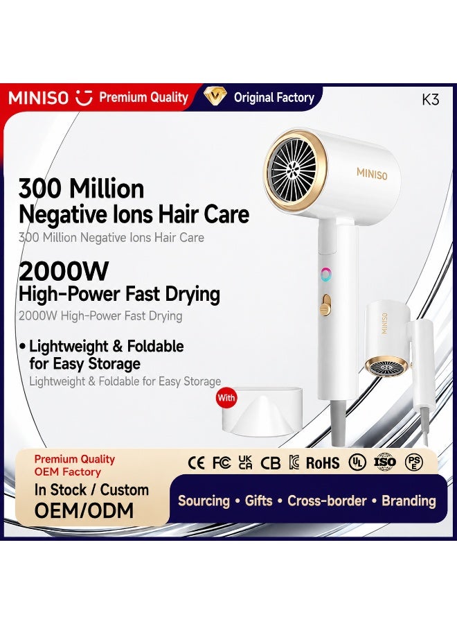 MINISO Professional Hair Dryer 2000W | 300 Million Negative Ions | Foldable Handle | Fast Drying | 3 Heat & 2 Speed Settings | Overheat Protection | White - Image 2