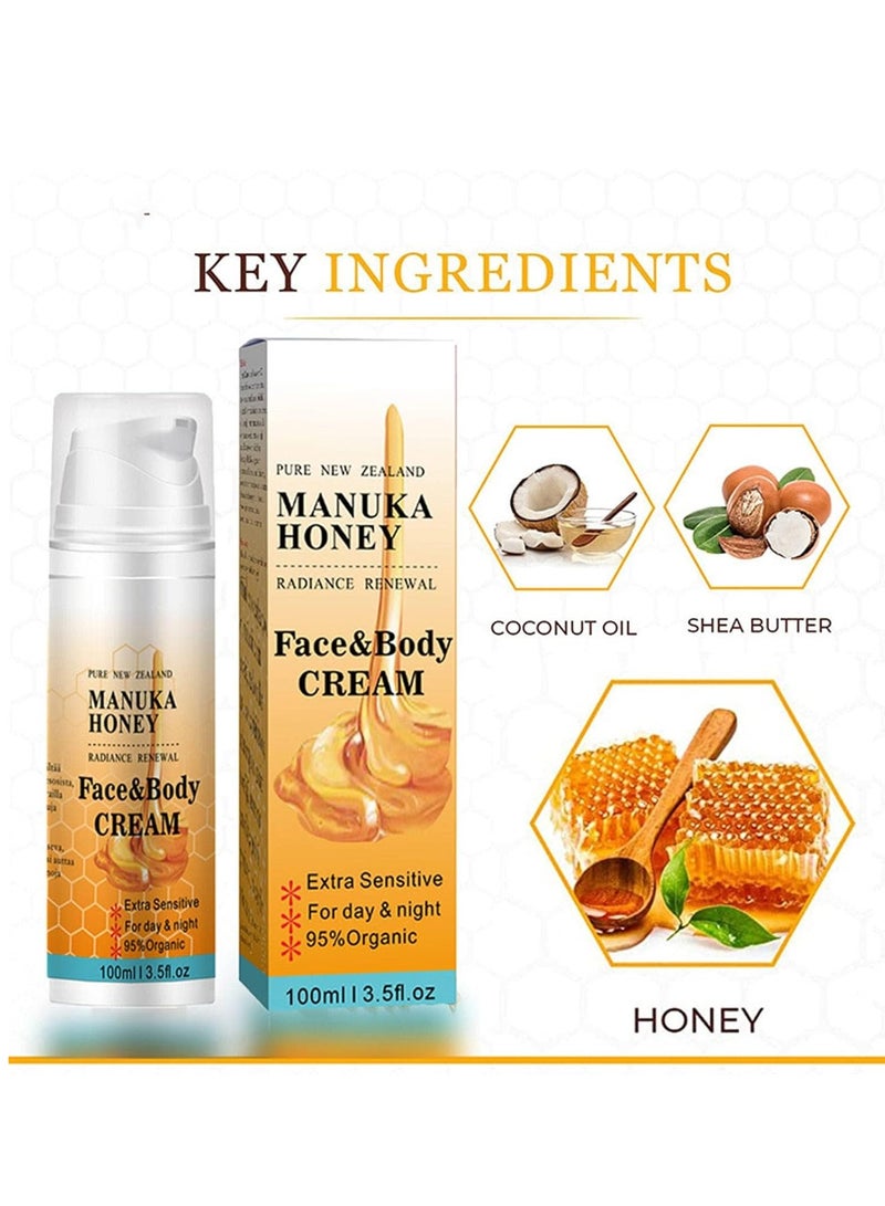 مانوكا كريم العسل للوجه ، مرطب عسل مانوكا ، شد وترطيب ، يزيد من مرونة الجلد غسول مرطب 2 في 1 للبشرة الجافة والتجاعيد والبشرة المتضررة من أشعة الشمس والوجه والجسم والرقبة 100 مل - Image 2