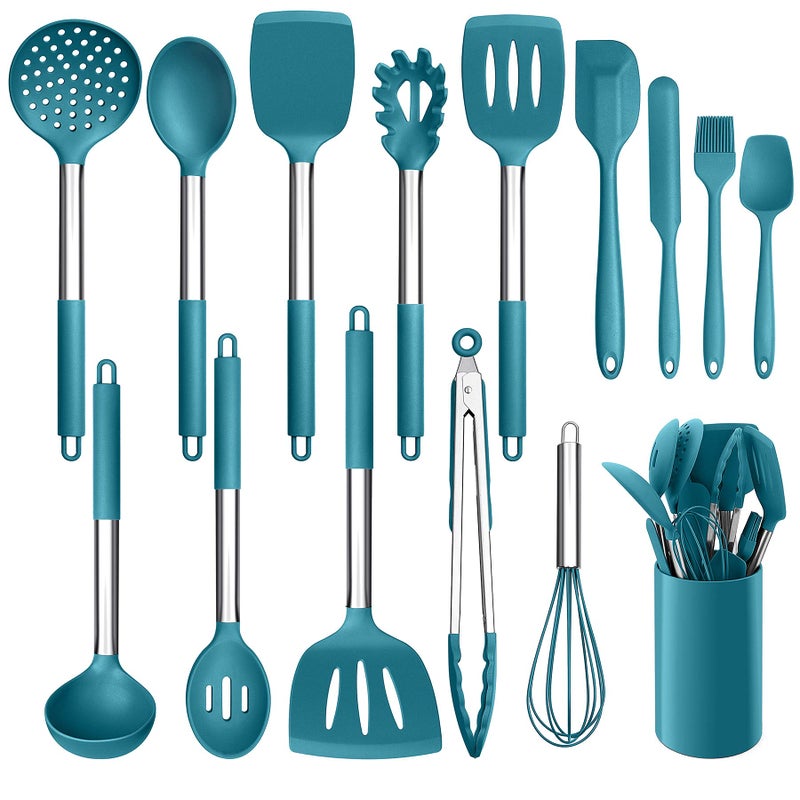 LIANYU 15-Piece Kitchen Cooking Utensils Set with Holder, Silicone Kitchen Tools Stainless Steel Handle, Slotted Spatula Spoon Turner Tong Whisk Brush for Cooking, Dark Blue - Image 1