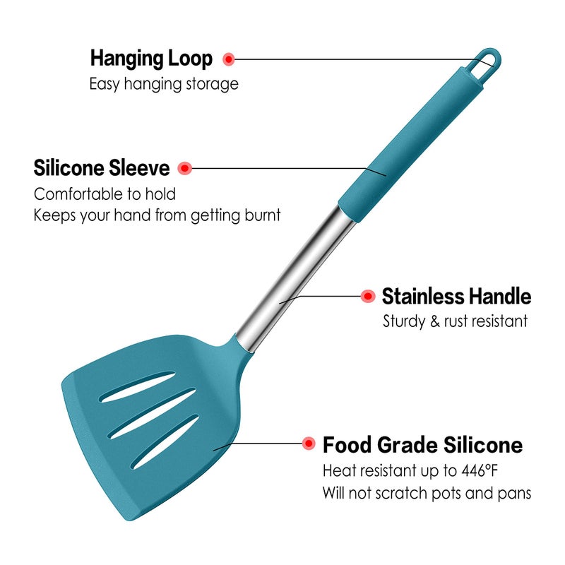 LIANYU 15-Piece Kitchen Cooking Utensils Set with Holder, Silicone Kitchen Tools Stainless Steel Handle, Slotted Spatula Spoon Turner Tong Whisk Brush for Cooking, Dark Blue - Image 3