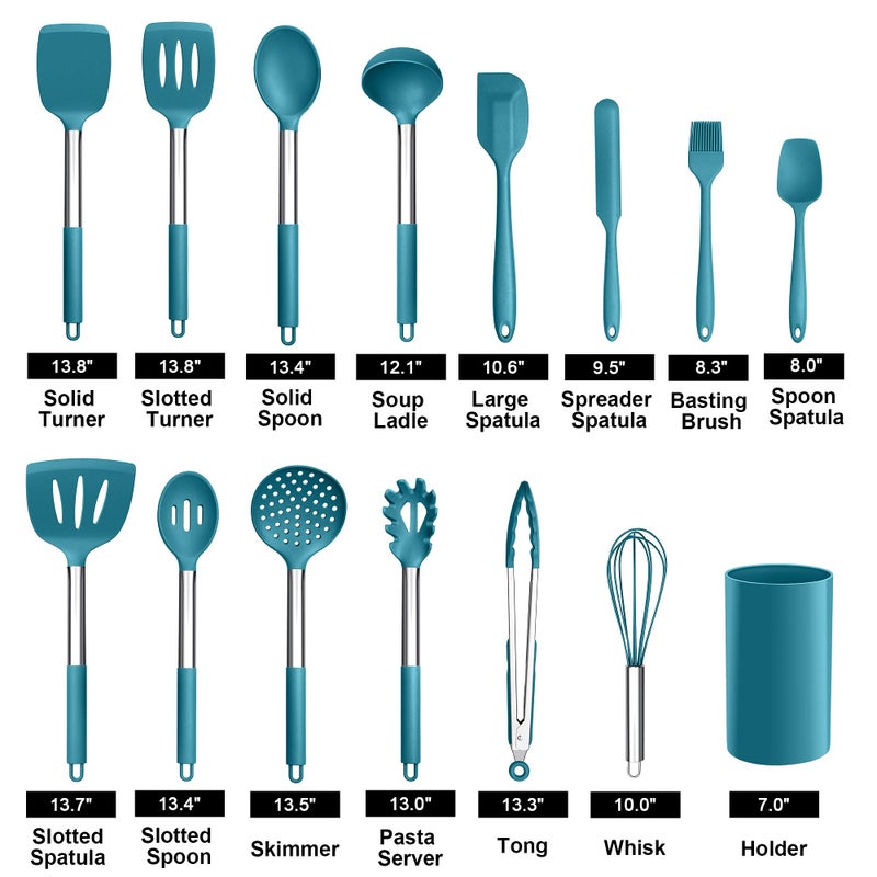 LIANYU 15-Piece Kitchen Cooking Utensils Set with Holder, Silicone Kitchen Tools Stainless Steel Handle, Slotted Spatula Spoon Turner Tong Whisk Brush for Cooking, Dark Blue - Image 2