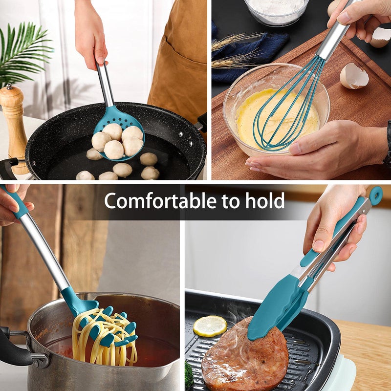 LIANYU 15-Piece Kitchen Cooking Utensils Set with Holder, Silicone Kitchen Tools Stainless Steel Handle, Slotted Spatula Spoon Turner Tong Whisk Brush for Cooking, Dark Blue - Image 4