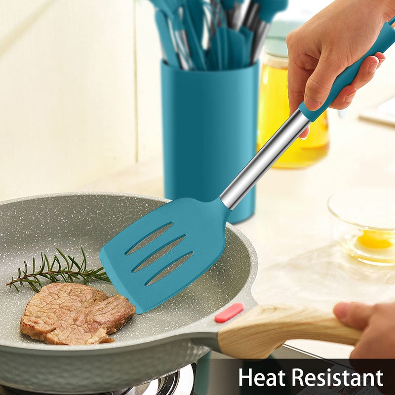 LIANYU 15-Piece Kitchen Cooking Utensils Set with Holder, Silicone Kitchen Tools Stainless Steel Handle, Slotted Spatula Spoon Turner Tong Whisk Brush for Cooking, Dark Blue - Image 5
